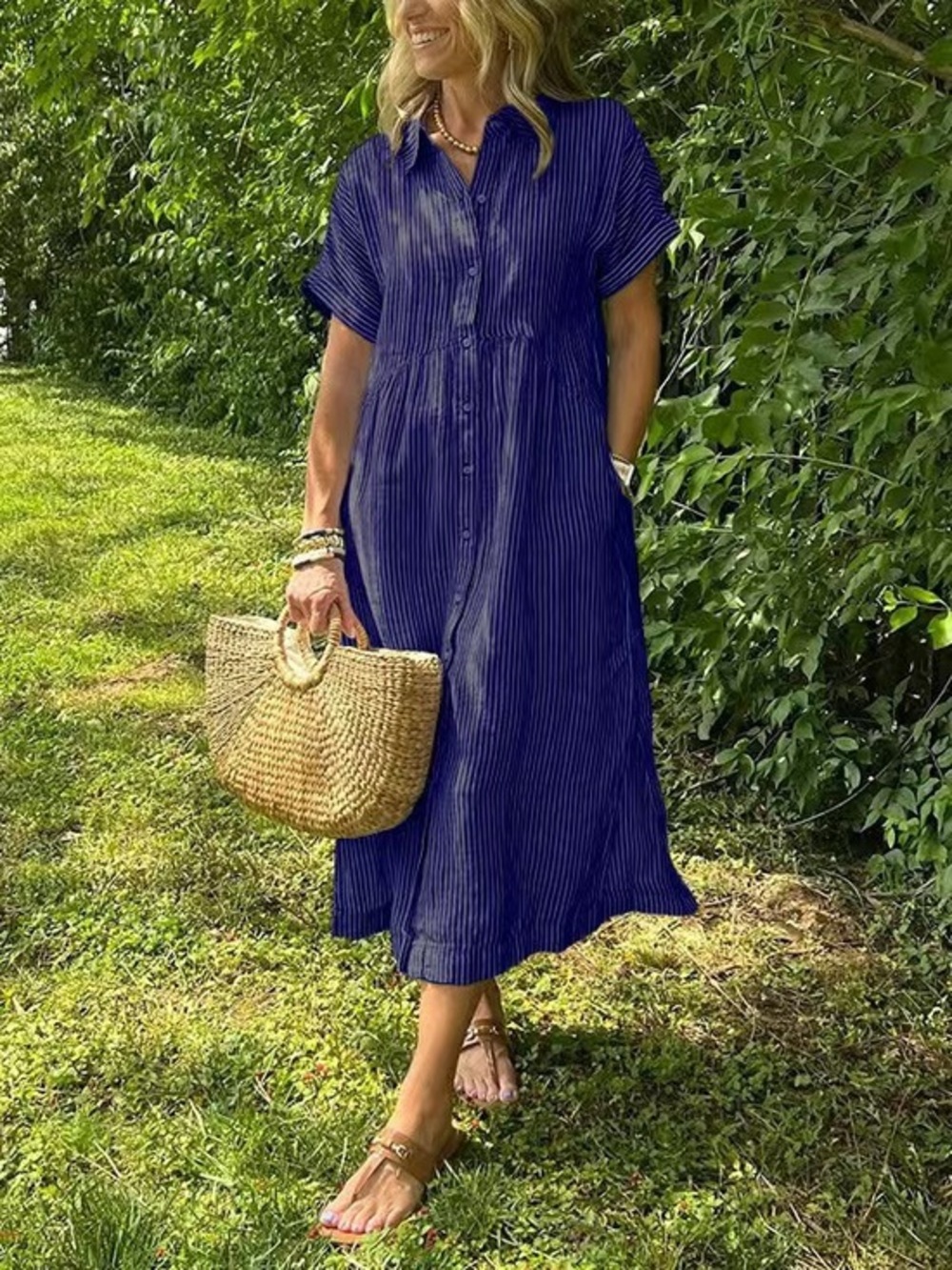 Women's Navy Striped Collared Short-Sleeve Relaxed Maxi Shirt Dress